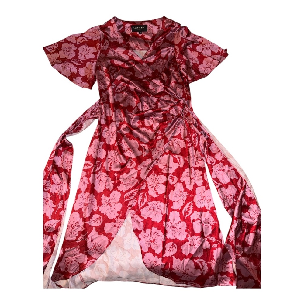 Lexbreezy Hawaii Hibiscus Satin Wrap Dress M